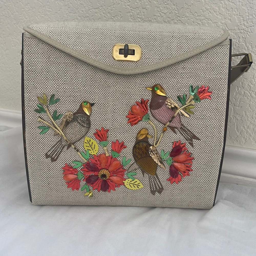 Vintage Bejeweled Box Bag Bird Handbag Jeweled Flower Purse 1960s Canvas So Cute
